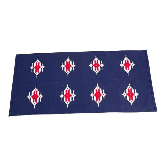 Vintage Navajo Inspired Southwest Woven Rug Geometric Red White Navy Blue Runner - Picture 1 of 7